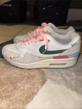 Nike Patchwork White Sneakers with Green Swoosh and Pink Laces